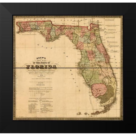 Vintage Maps 12x12 Black Modern Framed Museum Art Print Titled - Florida Railway and Township Map 1874