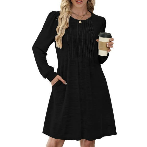 Long Sleeve Dress for Women Pleated Crew Neck Casual Babydoll Sweater Dress with Pockets Fall Outfits Fashion