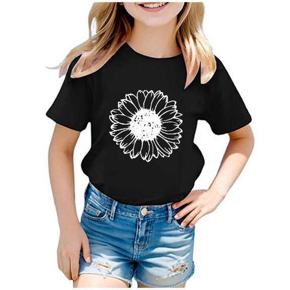 Icvfdpl Girls Fashion Tops Kids Casual Sunflower Print Crew Neck Short Sleeve Tshirt Top Dailywear