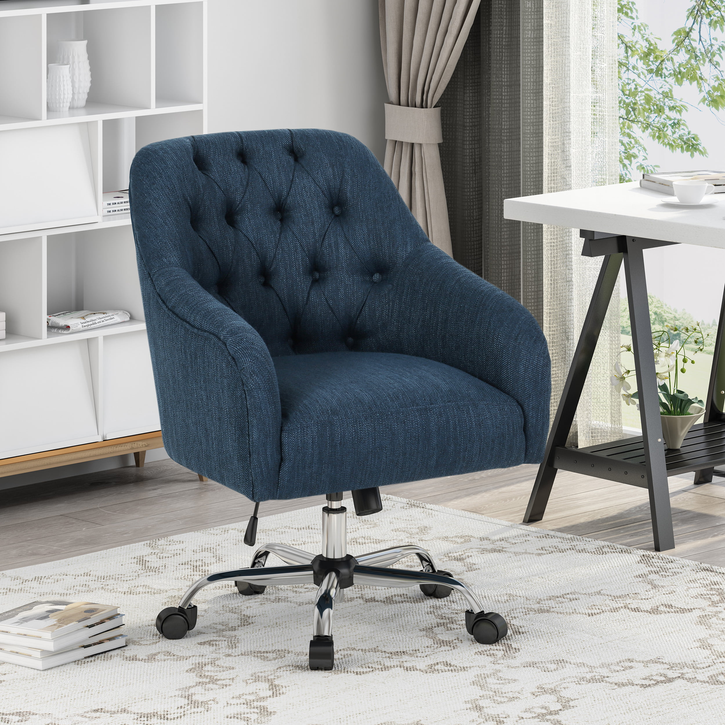 Noble House Isabella Tufted Home Office Chair with Swivel Base, Navy ...