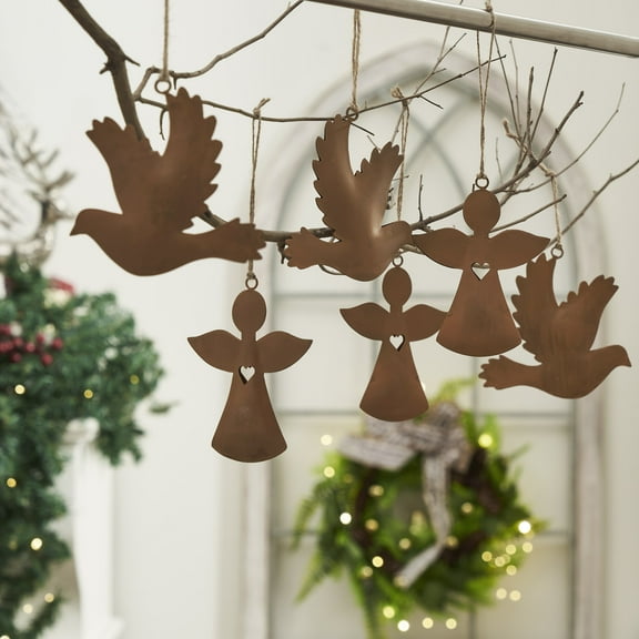 VHC Brands Rust Angel and Dove Metal Ornaments Set of 6 - 4.5/5 inch