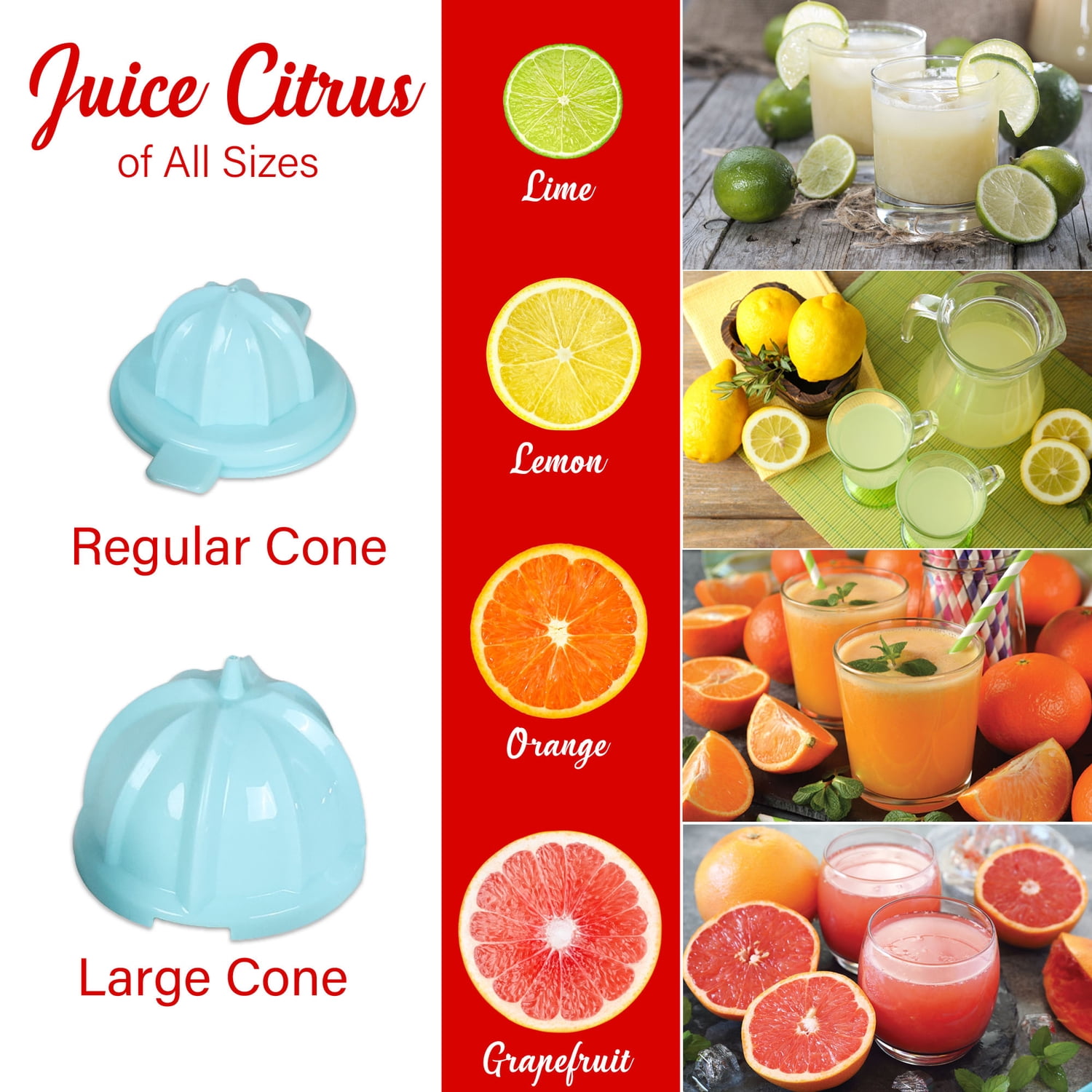 Brentwood 200-Watt 1-Speed Electric Citrus Juicer with 2 Cones and Stainless Steel Lever (Blue), J-28BL