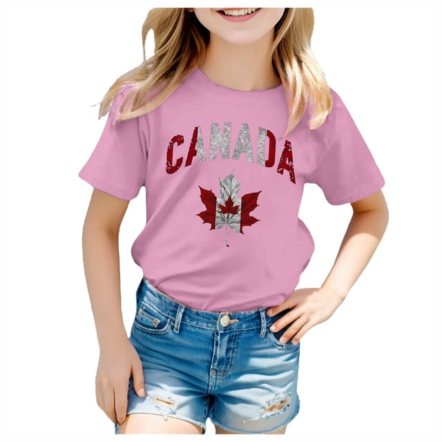 GDREDA Canada T-Shirts Imprimé Drapeau Filles Manches Courtes T-Shirt Col Rond Été Coupe Décontractée T-Shirts Basiques