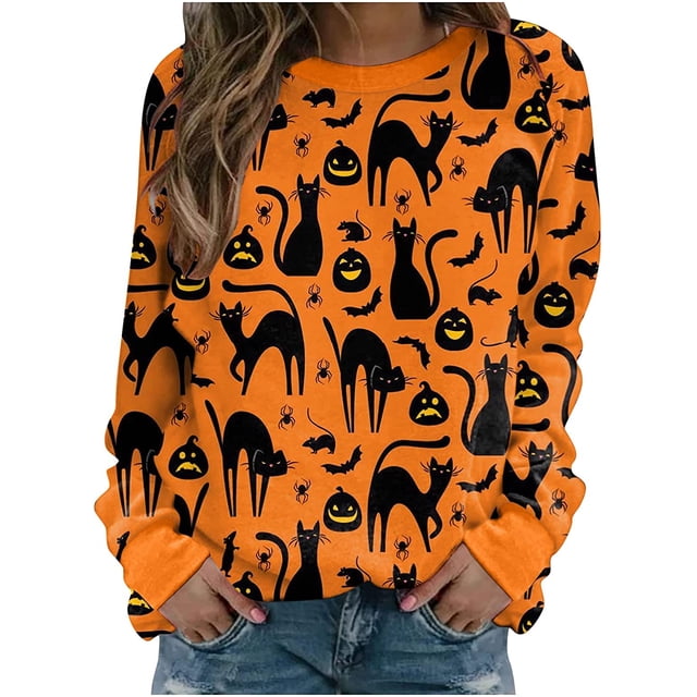 Sweatshirt d'Halloween pour Femmes Imprimé Citrouille et Chat Manches Longues Col Rond Graphique Pull Décontracté d'Automne