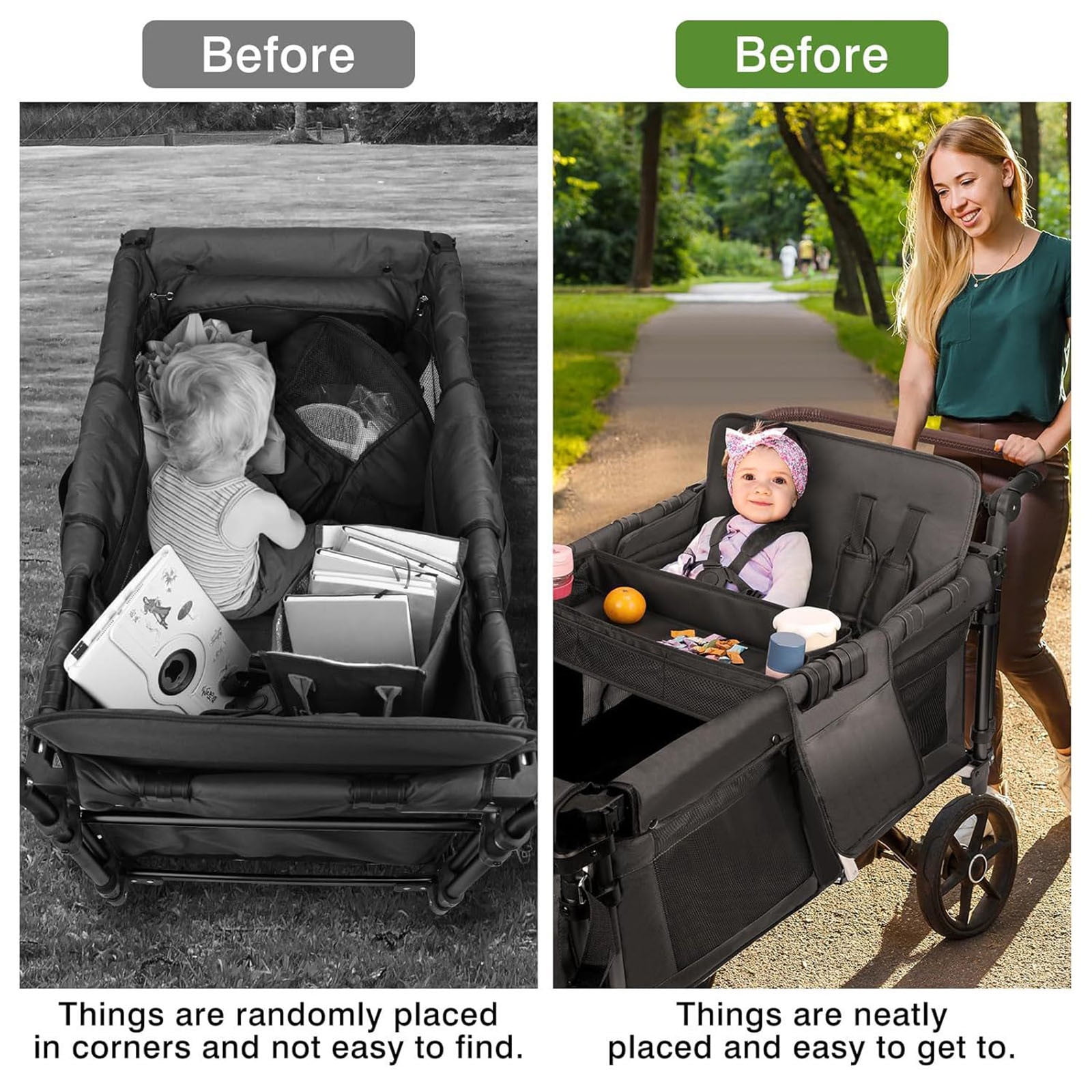 Upgraded Stroller Snack Tray with Extra Thick Base Leather Sides and Side Mesh Pockets for Enhanced Durability and Convenience