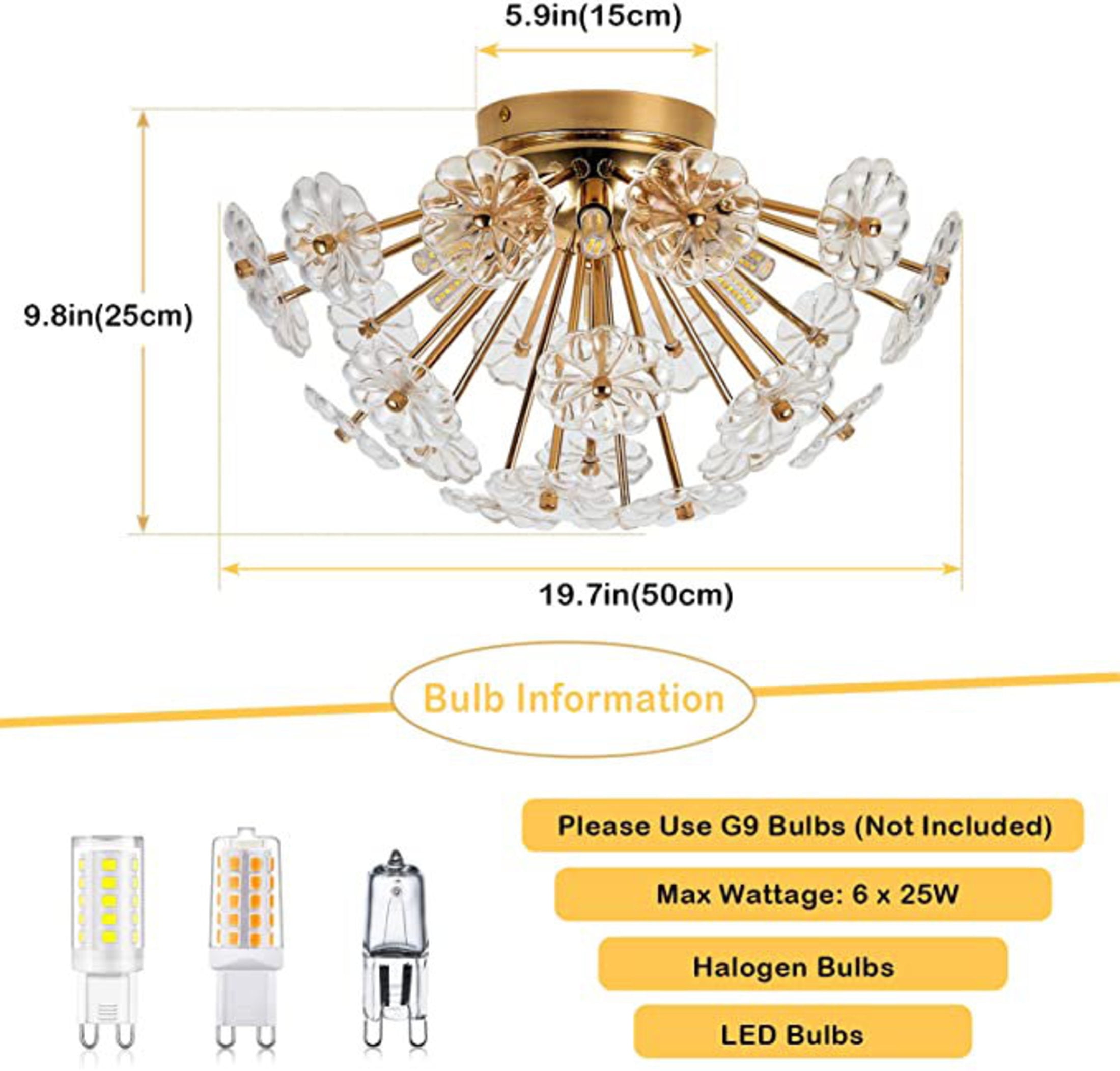 Noble House 19.7" Flush Mount Ceiling Light, Modern Flower Glass Petal Chandelier for Bedroom and Hallway, Golden