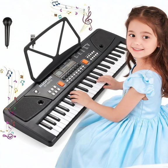 BIGFUN 61 Keys Rechargeable Electronic Kids Electric Piano with Microphone Black Digital  Electronic Keyboard Built-in Dual Stereo Speakers with 16 Tones 10 Rhythms 6 Demo Songs 8 Percussion