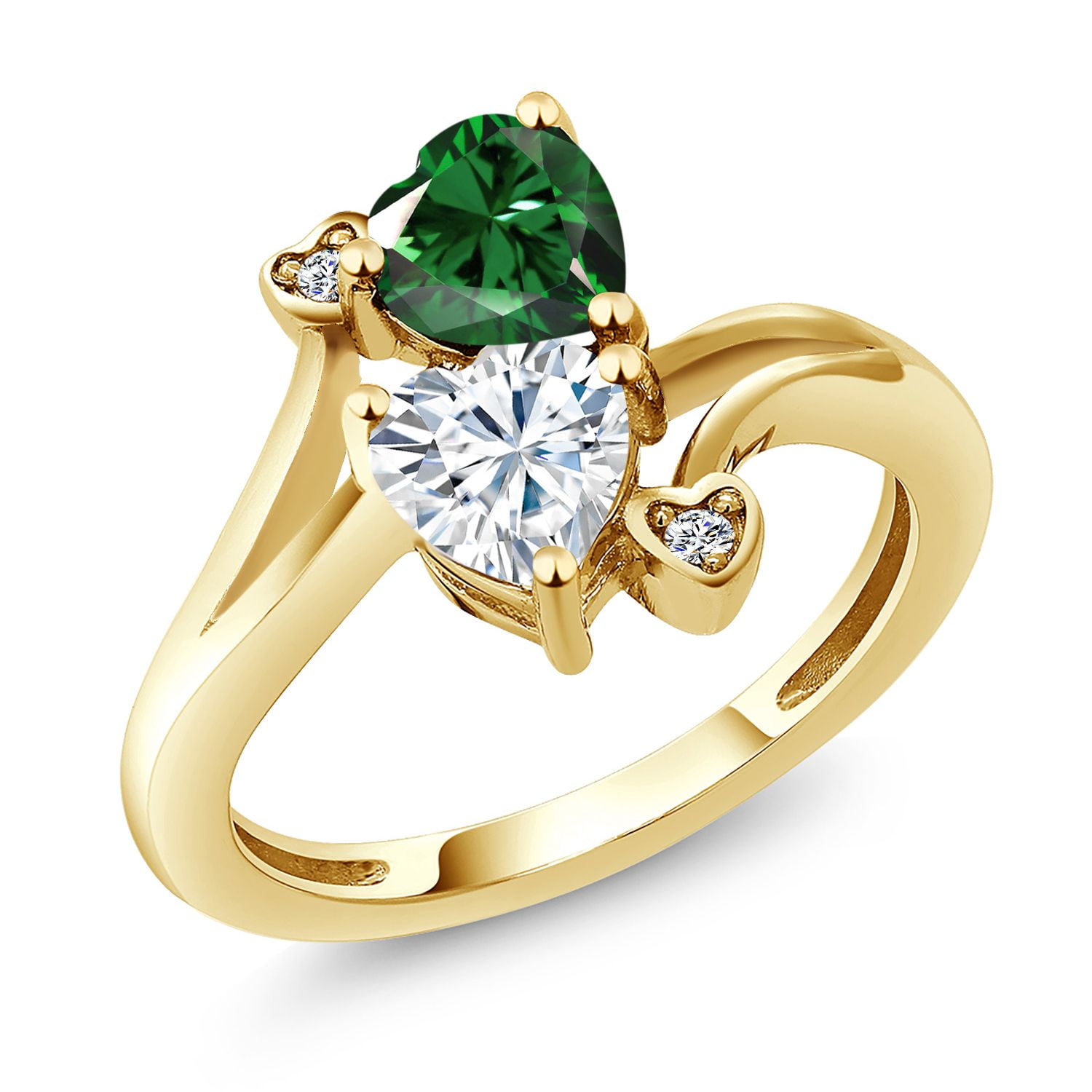 Gem Stone King 18K Yellow Gold Plated Silver Green Nano Emerald White Moissanite and White Lab Grown Diamond Ring for Women | 1.53 Cttw | Heart Shape 6MM | Available in Size 5, 6, 7, 8, 9| Size 7