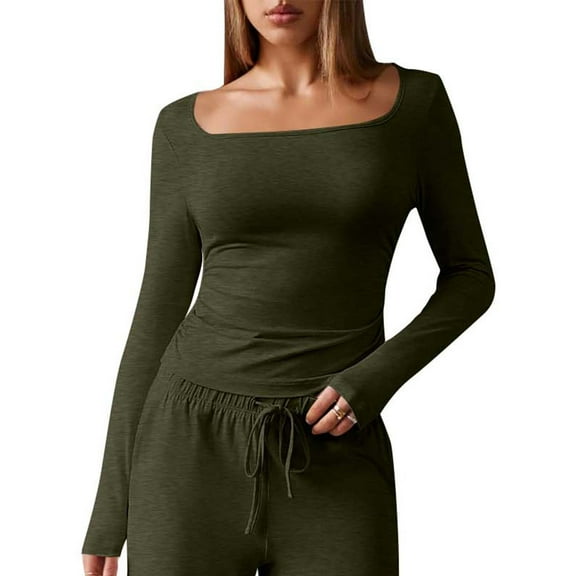 Women's Square Neck Shirts Long Sleeve Ribbed Knit Slim Fitted Casual Basic Tee Shirts Fall 2025 Fashion Tops (L, Army Green)