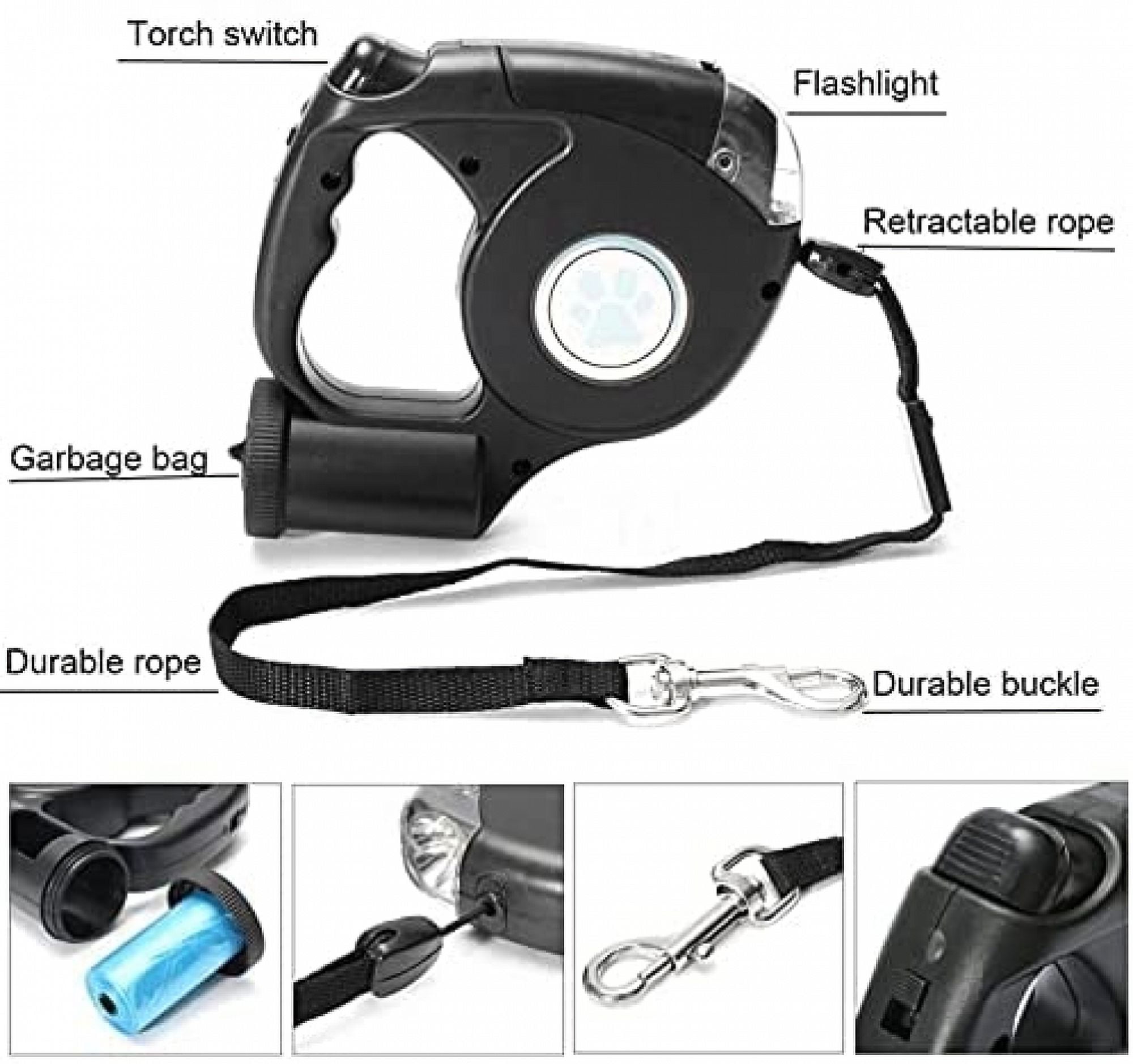 Dog Retractable Leash with Flashlight and Garbage Bag Dispenser, Small Dog Leash with Comfort Handle