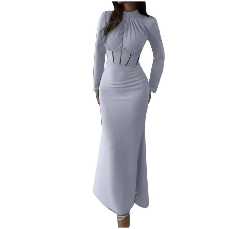 knee length dresses for ladies ZAPAKA Women Dark Grey Long Prom Dress Mermaid V Neck Wrap Long Sleeves Chiffon Wedding Guest Dress With Slit, Dusty Blue / US18W