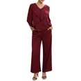 thumbnail image 2 of INSPIRE CHIC Women's Chiffon Pant Suit Ruffle V Neck Wide Leg 2 Piece Outfit Deep Wine S, 2 of 6