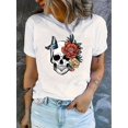 thumbnail image 2 of Women's Casual Geometric Skull & Butterfly Floral Print T-Shirt - Medium Stretch Knit Fabric, Round Neck, Short Sleeve, Comfortable Summer Top, 2 of 2