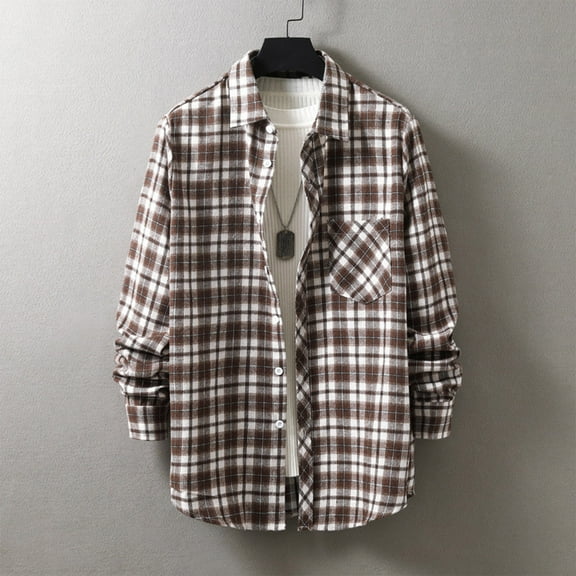 lulshou 2025 Plaid Shirt Men for Man Saving Men's Flannel Shirts Casual Button Down Plaid Shirt Jacket Long Sleeve Fleece Shacket with Pockets Coffee-M