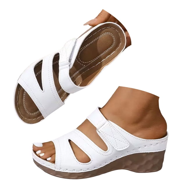 OJSFQUFP Women's Wedge Thick Soled Slip Outdoor Sandals Solid Color Hollow Out Toe Elastic Band Sandals