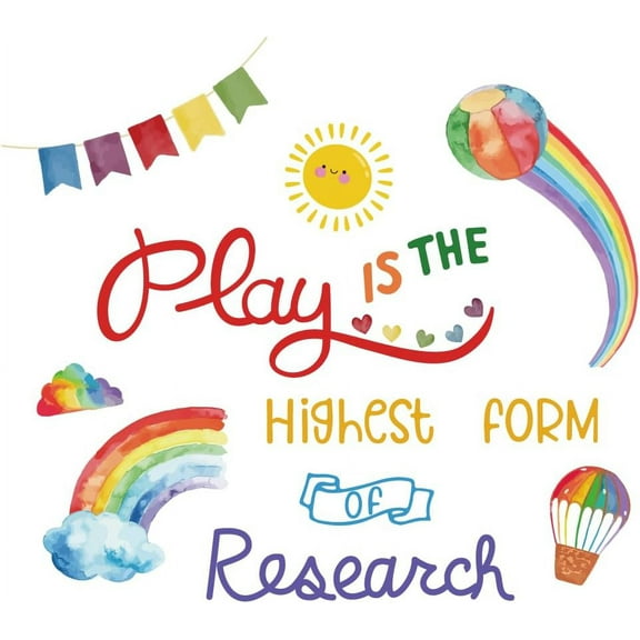 Inspirational Playroom Rainbow Sun Wall Decals Play is The Highest Form of Research Quote Wall Stickers Neutral Colorful Classroom Decorations Bedroom Art Decor Colorful