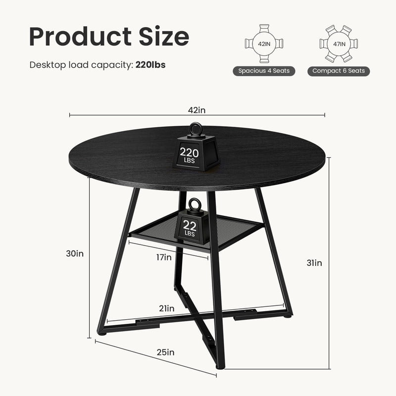 Gianna 42" Round Dining Table for 4-6, Space Saving Kitchen Table with Dual-Tier Storage, Pedestal Metal Frame, Industrial Farmhouse Circle Dinner Table for Apartment, Black