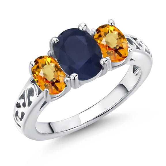 Gem Stone King 925 Sterling Silver Blue Sapphire and Yellow Sapphire Filigree Style 3 Stone Ring for Women (3.03 Cttw, Oval 8X6MM and 6X4MM) (Size 9)