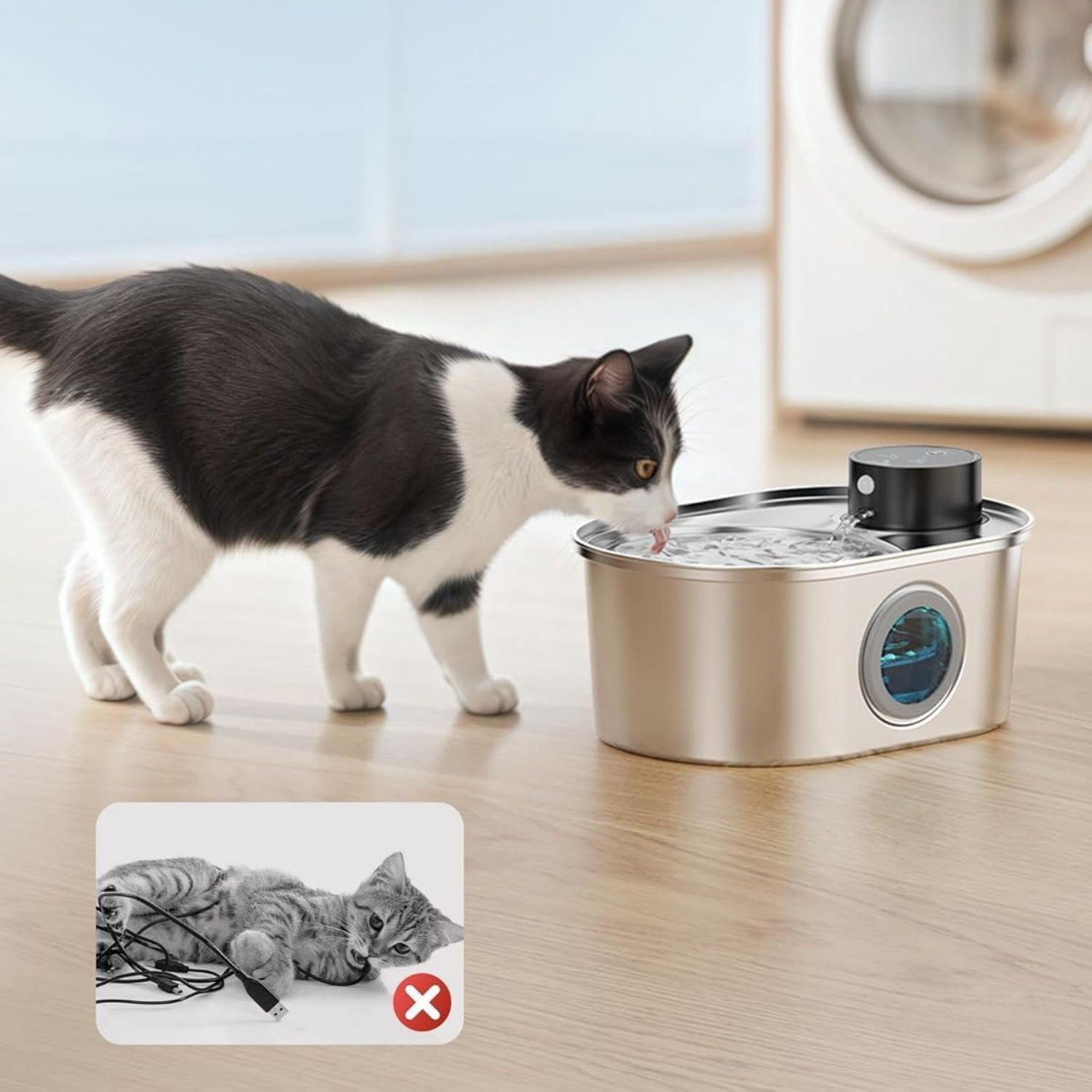 Battery Operated Stainless Steel Pet Fountain, Automatic Cordless Water Dispenser Indoor, Metal Faucet Bottle for Drinking, Rechargeable Dog Water Bowl with 1 Filter