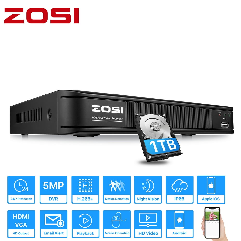 ZOSI 8 CH H.265+ 5MP Lite 4in1 DVR HD 1080p Recorder with 1TB HDD for