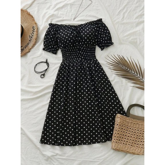 Black And White Polka Dot Off-Shoulder Midi Dress For Women Casual Summer Vacation Dress