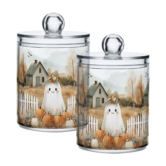 Yayeee 2 Pack Qtip Holder Bathroom Cotton Swab Canister with Lid Clear Dispenser Set, Cute Halloween Pumpkins