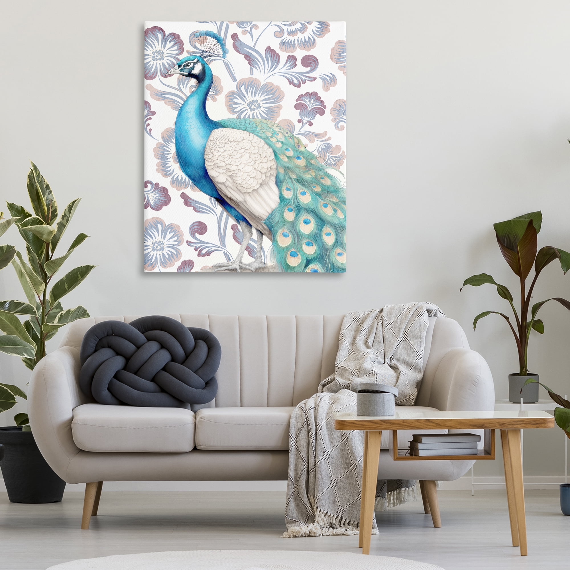 Stupell Industries Peacock on Floral Pattern Animals Painting Wrapped Canvas Art Print Wall Art, 36 x 48