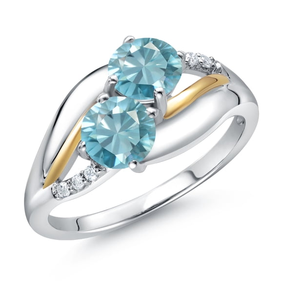 Gem Stone King 925 Sterling Silver and 10k Yellow Gold Blue Zircon and White Lab Grown Diamond 2 Stone Engagement Ring for Women (1.74 Cttw, Round 5MM, Gemstone December Birthstone, Size 5)