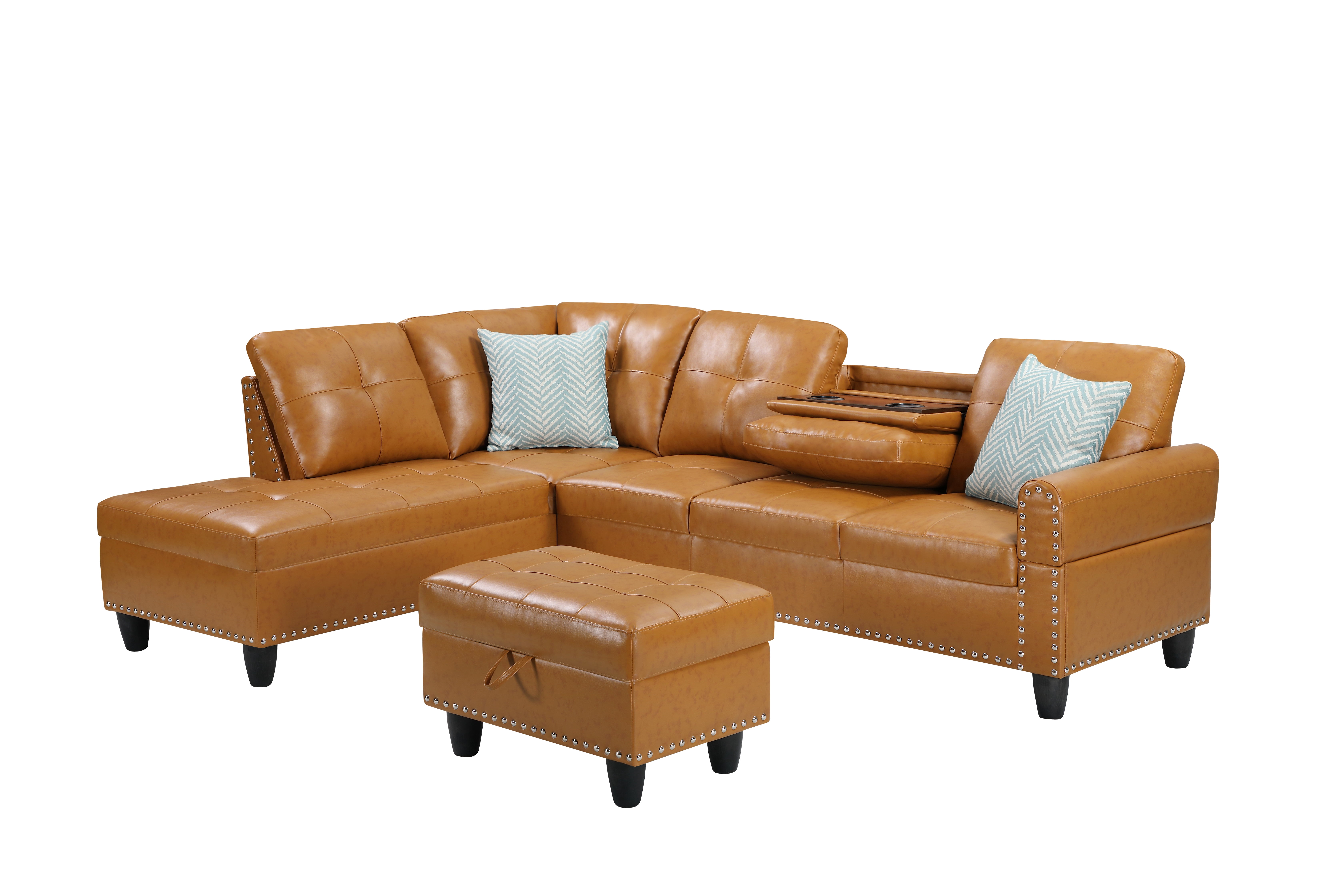 Gewnee 3-Piece L-Shaped Sectional Sofa with Chaise, Storage Ottoman, Cup Holders, 4-Seat, Faux Leather,Black