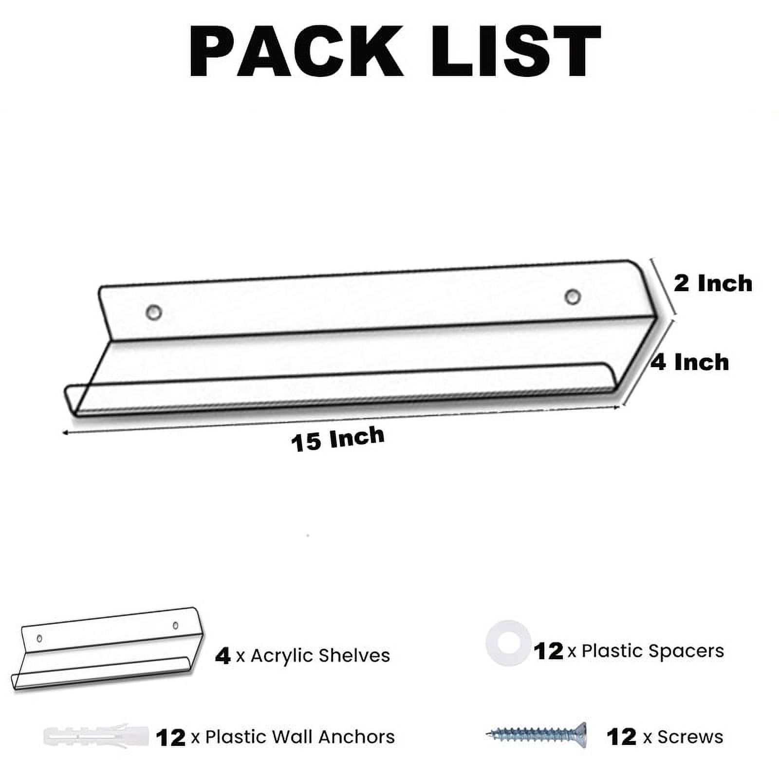 15 Inch Wall Shelf Set of 4 Clear Acrylic Floating Shelves W/Guardrail for Living Room Kitchen Bathroom Bedroom