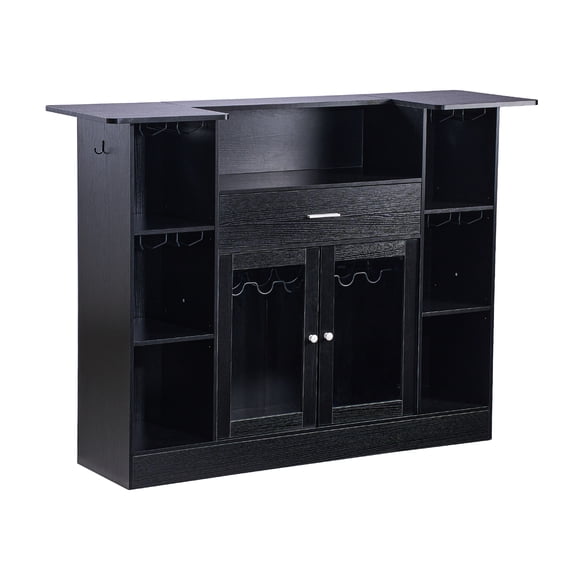 KFFKFF 4-Tier Home Bar Unit with Storage Drawer, Shelves, Wine Glass Holder, Bottle Rack, LED Light, Wood & Metal Liquor Cabinet for Kitchen, Living Room, Basement, Black