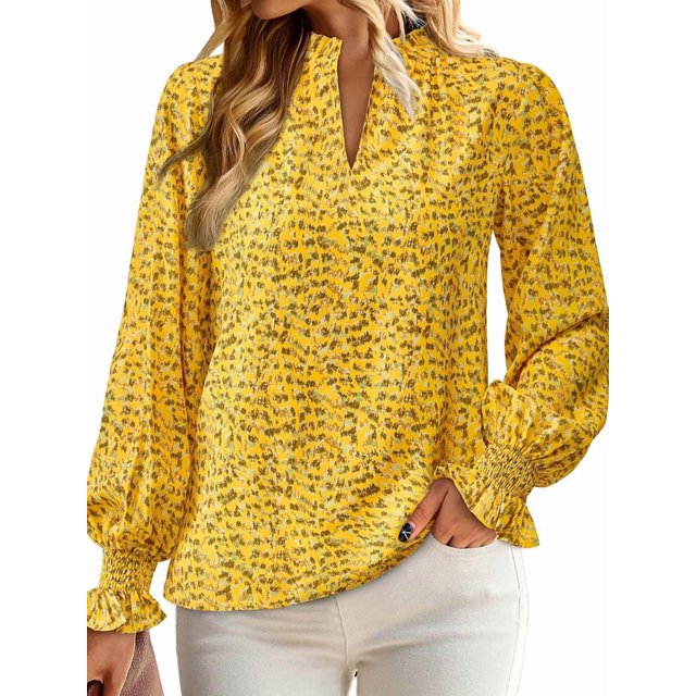 Blusa de Estilo Bohemio con Cuello en V y Mangas Largas, Estilo Floral, Informal, Holgada, de Verano, con Mangas Abullonadas para Mujer. Amarillo L
