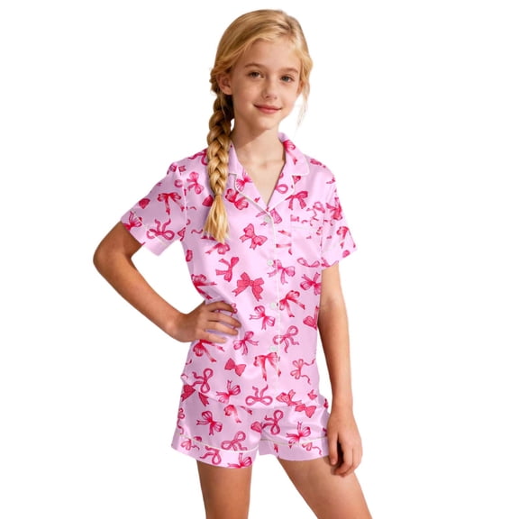 Toddler Satin Pajamas for Girls Heart Print Short Sleeve Button Down Nightwear with Shorts Set Holiday Outfits 4-5 Years Toddler Pajamas Girls