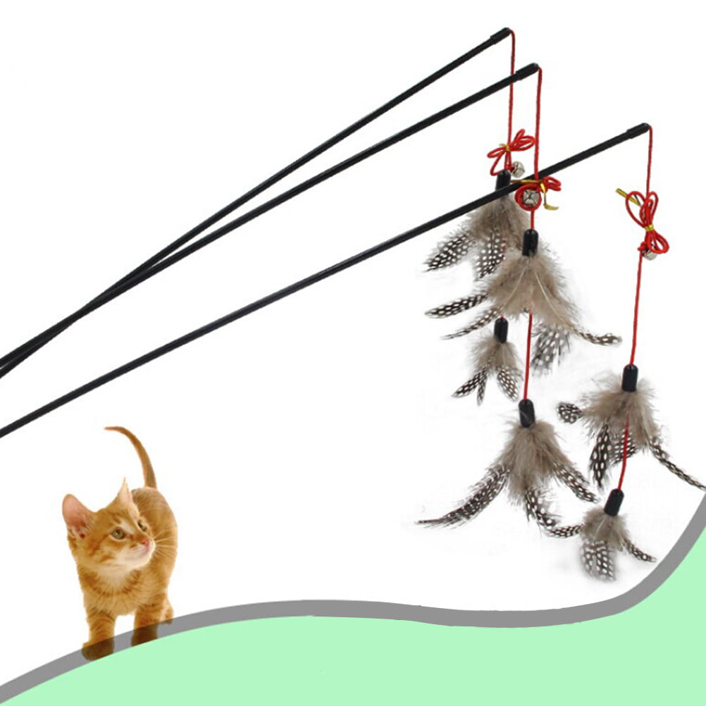 NEW Steel Wire Kitten Cat Toy Feather Rod Teaser Bell Play Pet Dangler Wand OF 