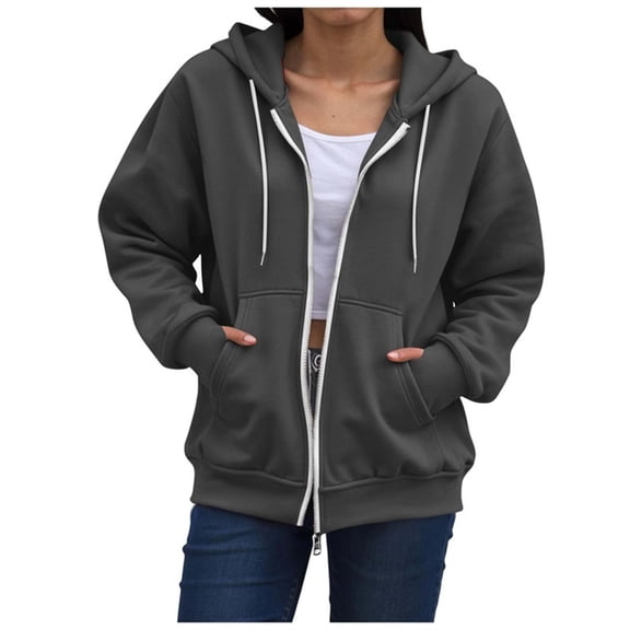 Zip Up Hoodies for Women Open Front Casual Solid Color Drawstring Pocket Long Sleeve Sweatshirt with Hood