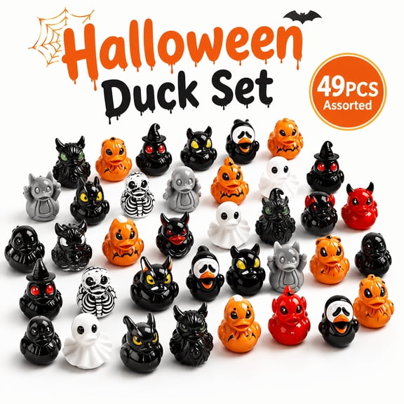 49 Pcs Halloween Mini Rubber Duck Set, Assorted Spooky Themed Duckies, Pumpkin Ghost Black Cat Skeleton Witch Devil Ducks for Halloween Party Favors Decorations