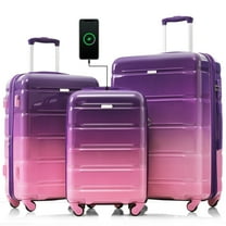 PAPROOS 3-Piece Luggage Set (20''/24''/28''), Hardshell Lightweight Suitcase with USB Port and Side Hooks, Travel Luggage with TSA-Lock, Hardside Rolling Luggage for School, Travel, Purple