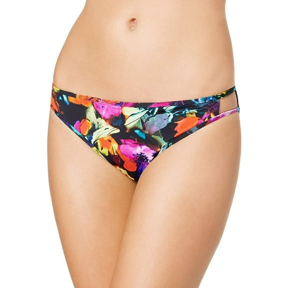 Bar III BLUE MULTI Painted Posies Cut-Out Bikini Swim Bottom, US Small