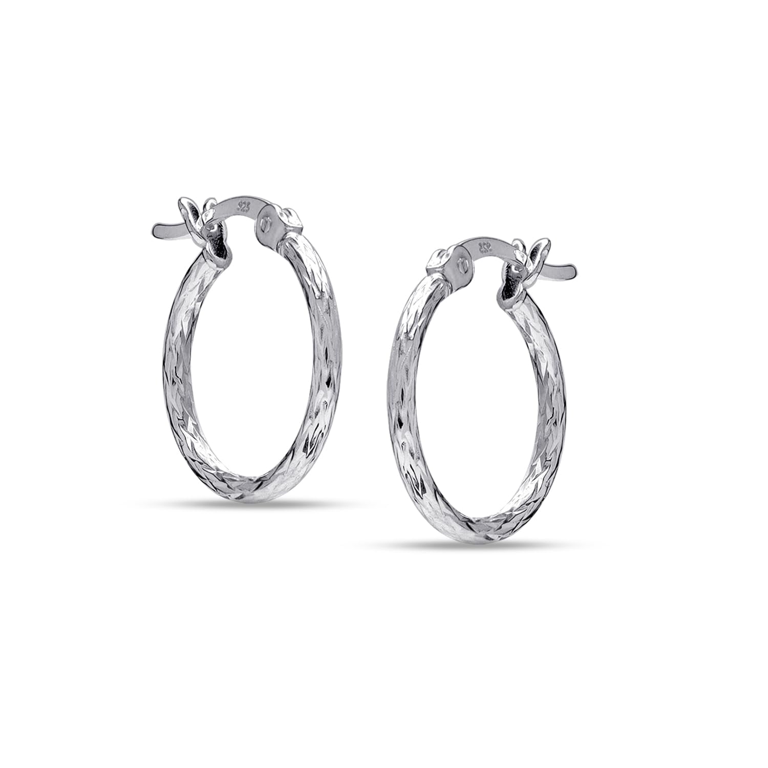 LeCalla 925 Sterling Silver Texture Hoop Earrings for Women | Small Classic Diamond-Cut Textured Hoop Earring | Womens Click-Top Earring Hoops 15MM