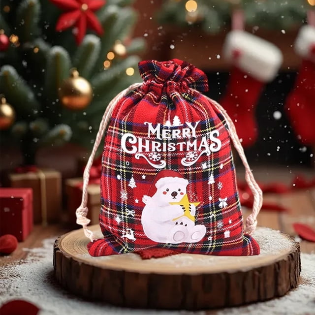 Sac-cadeau à Cordon en Coton à Carreaux Rouges de Noël / Pochette Réutilisable pour Friandises des Fêtes pour Biscuits Bonbons Bijoux / Emballage Écologique pour Cadeaux de Fête Emballage de Bas de Noël