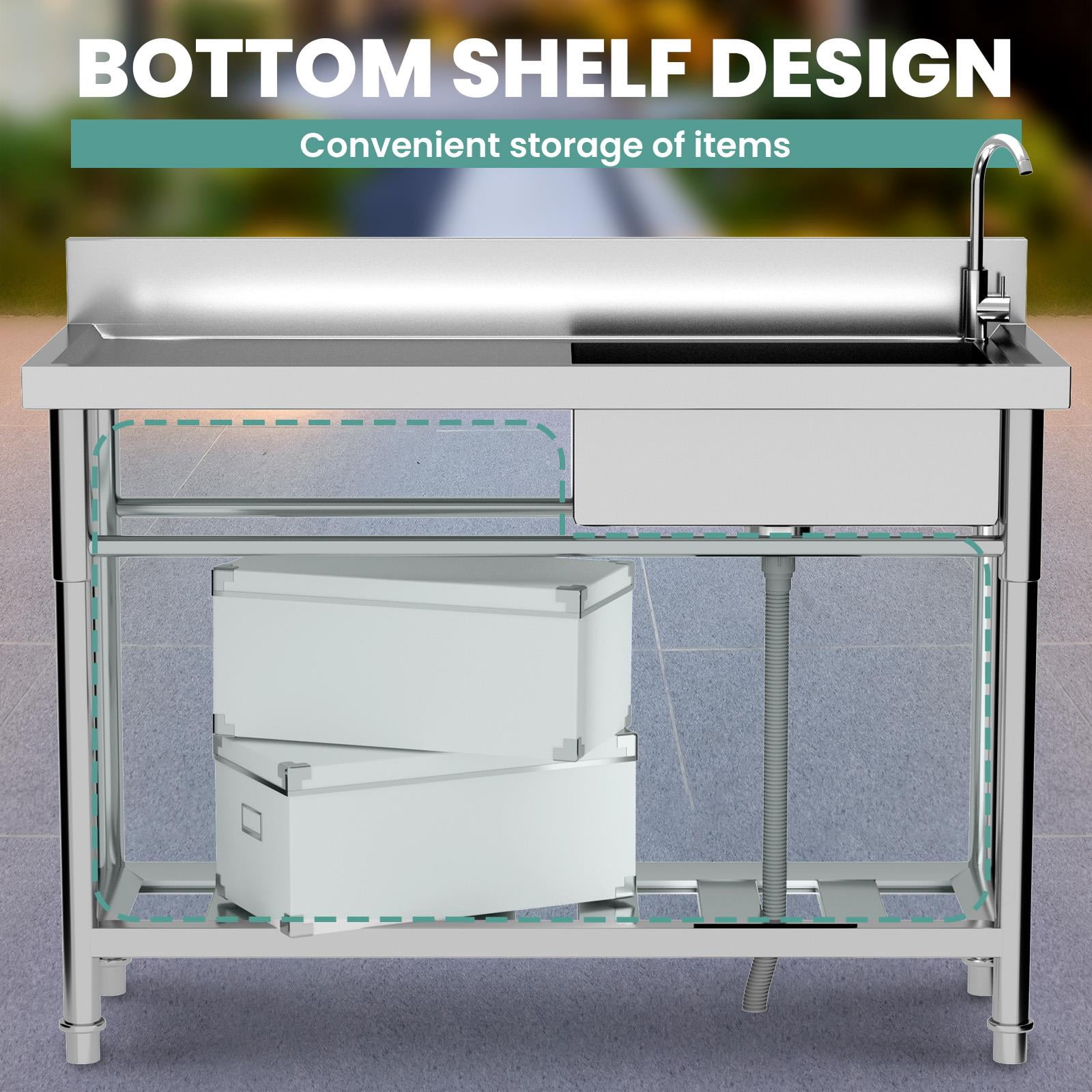 304 Stainless Steel Commercial Sink with Drainboard, 47.3" Freestanding Utility Sink with 360° Swivel Faucet, Heavy-Duty Workstation Sink for Restaurant, Garage, Laundry, Kitchen