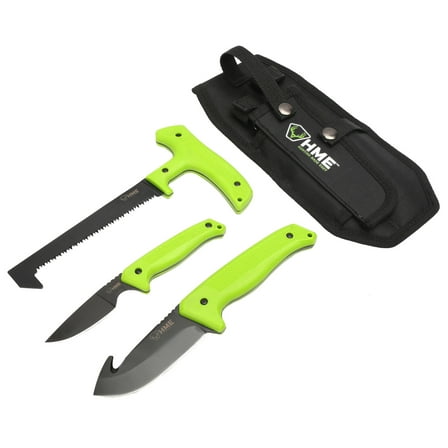 HME HMEKN3PFK 3-Piece Fixed Set 420HC Stainless Steel Black Oxide Skinner w/Gut Hook/Saw/Caper Thermoplastic Rubber Green