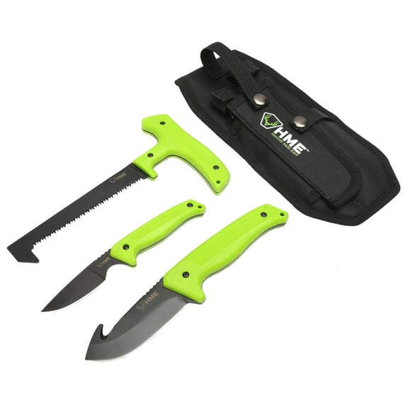 HME HMEKN3PFK 3-Piece Fixed Set 420HC Stainless Steel Black Oxide Skinner w/Gut Hook/Saw/Caper Thermoplastic Rubber Green