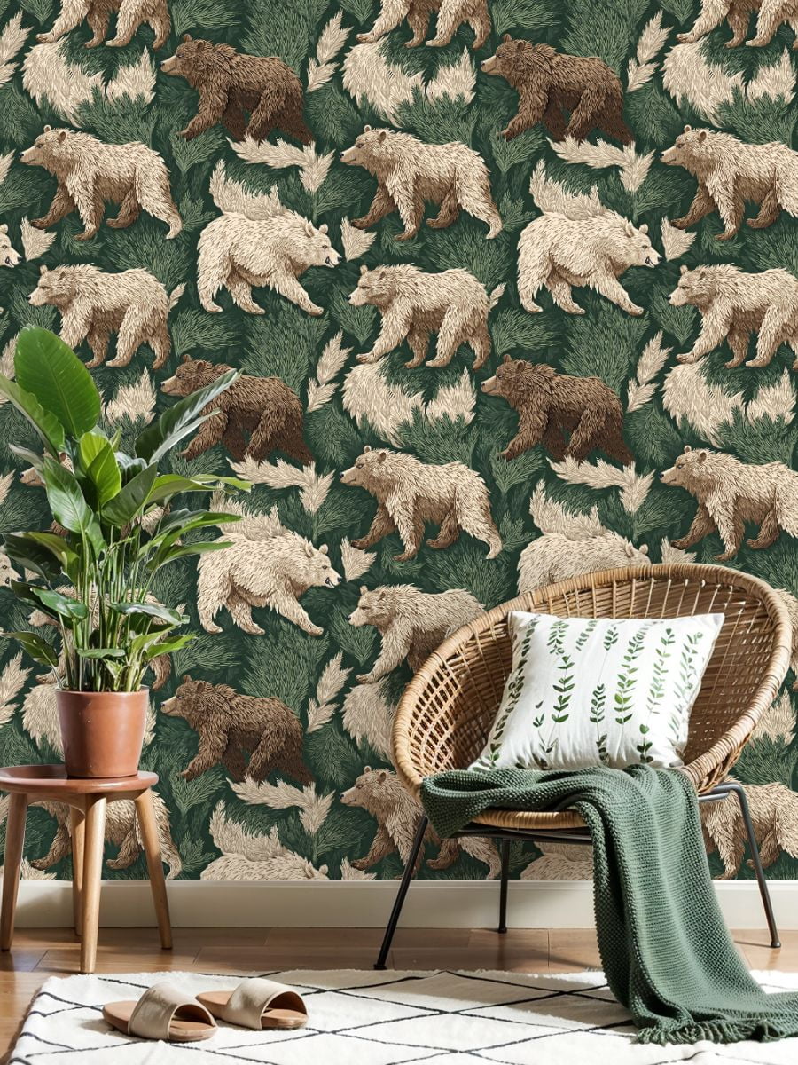 Peel and Stick Wallpaper Woodland Bear Fur Green Foliage Hunting Wildlife Vintage Wall Mural 23.6in x 9.8ft Self Adhesive Removable Wall Paper Renter Friendly Wallpaper for Nursery Bedroom Cabinets