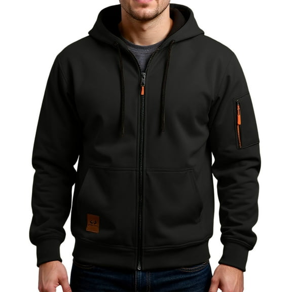 Domuza Mens Zip Up Hoodie Casual Stylish Long Sleeve Drawstring Hooded Sweatshirt Fall Winter Thermal Baggy Solid Outerwear with Pockets Black L