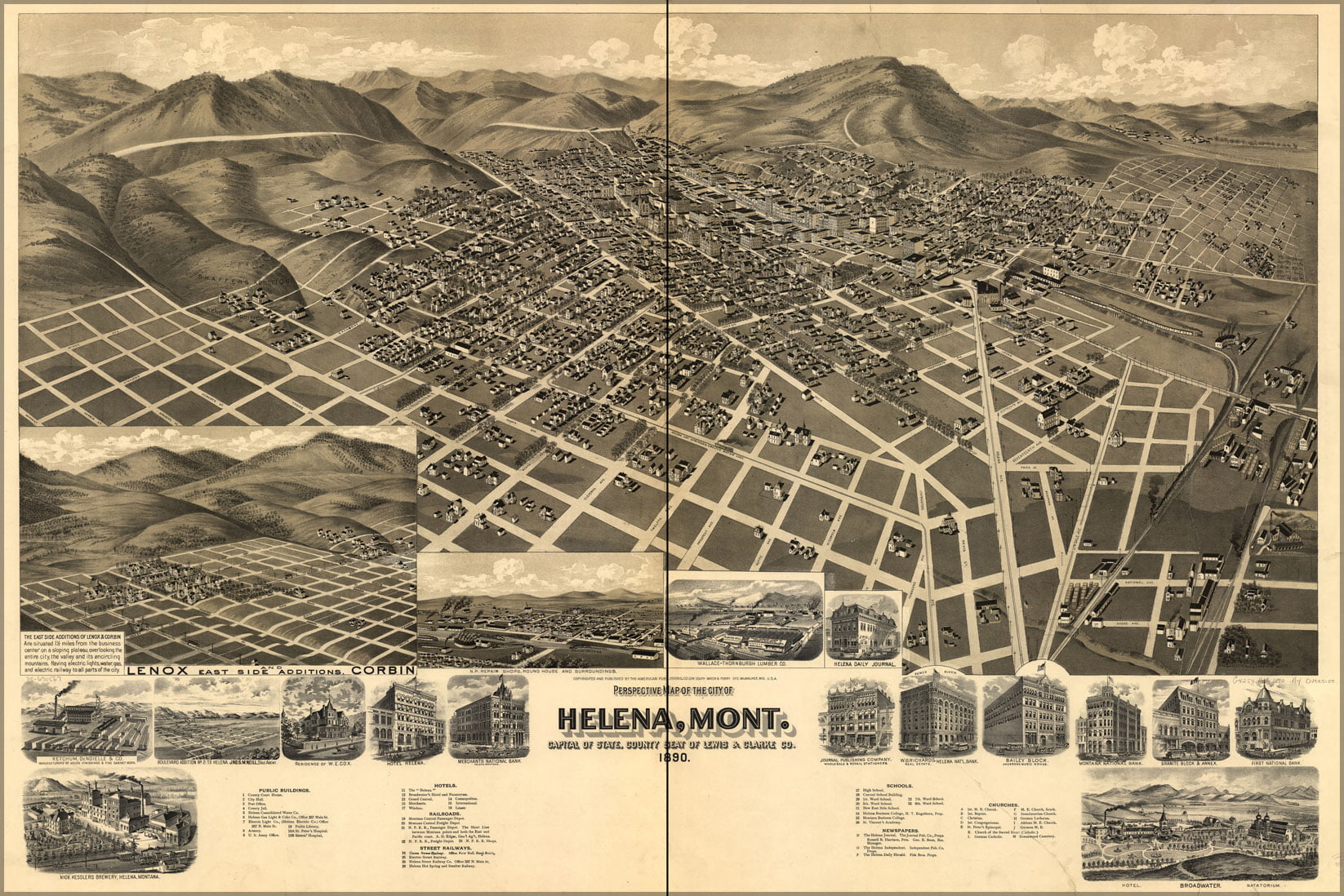 24"x36" Gallery Poster, birdseye view map of helena montana 1890