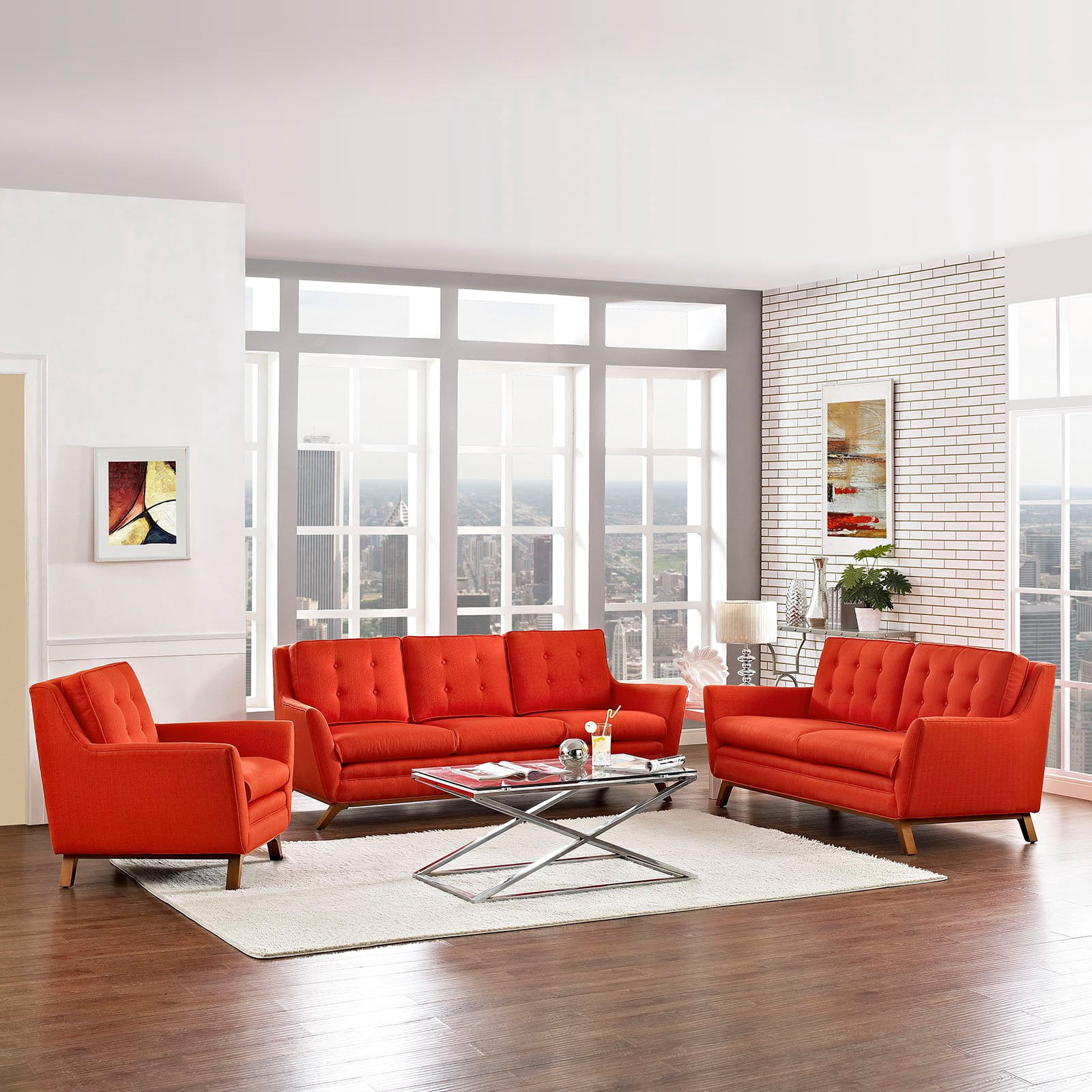 Modway Beguile 3 Piece Upholstered Fabric Living Room Sofa Set