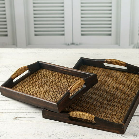 Niceauty Retro Rectangular Rattan Tray Brown Wood Tea Sets Storage for Home Use 1Pc