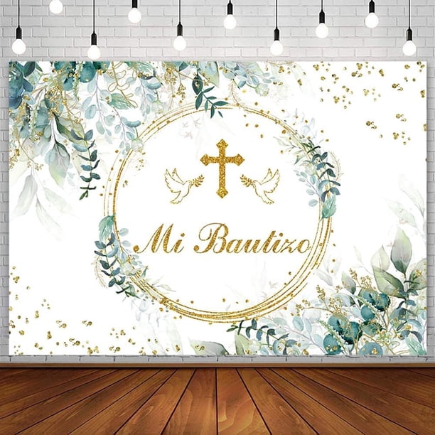 Telón de fondo para decoraciones de fiesta de bautizo mexicano, pancarta de primera comunión con la frase "Dios bendiga" y hojas de eucalipto verdes, fondo para bautizo, baby shower de recién nacido,