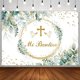 thumbnail image 1 of Telón de fondo para decoraciones de fiesta de bautizo mexicano, pancarta de primera comunión con la frase "Dios bendiga" y hojas de eucalipto verdes, fondo para bautizo, baby shower de recién nacido,, 1 of 4